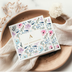Guardanapo De Papel Flores de Aquarela Azul Pastel Elegante Monograma