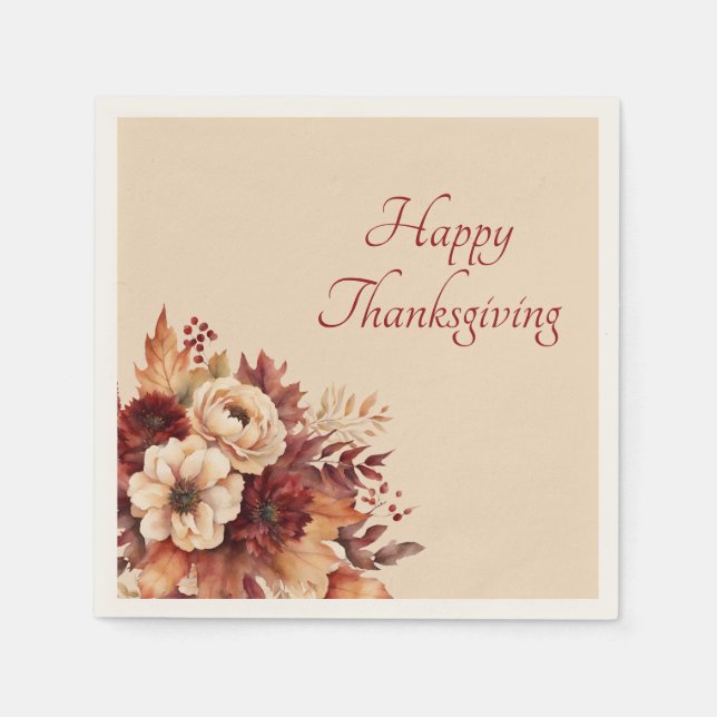 Guardanapo De Papel Flores de Aquarela de Ação de Graças — Creme e Ver (Frente)