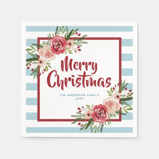 Guardanapo De Papel Flores de Aquarela de Listras Azuis Natal (Frente)