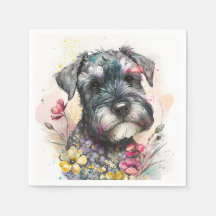 Flores de Aquarela e Cachorrinho Schnauzer