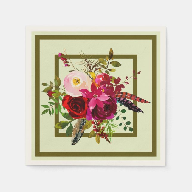 Guardanapo De Papel Flores de Aquarela e Penas (Frente)