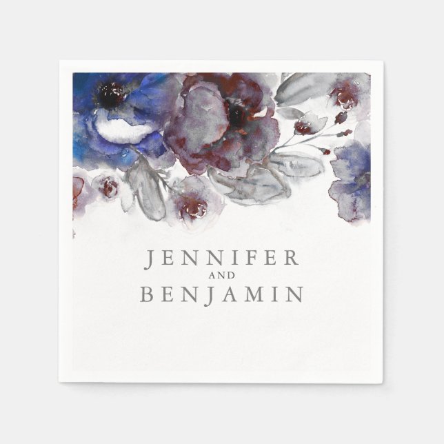 Guardanapo De Papel Flores de Aquarela marinho e Borgonha (Frente)
