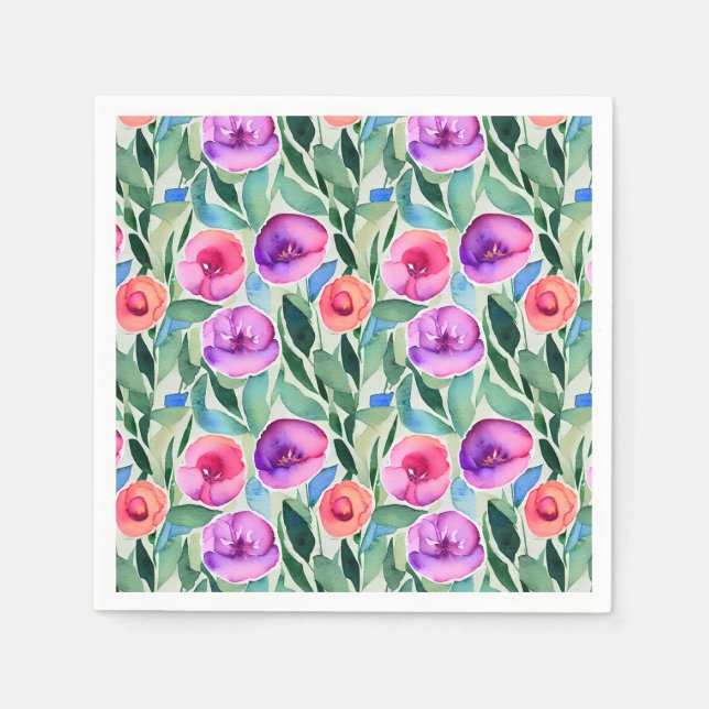 Guardanapo De Papel Flores de Aquarela Rosa, Roxo, Verde (Frente)