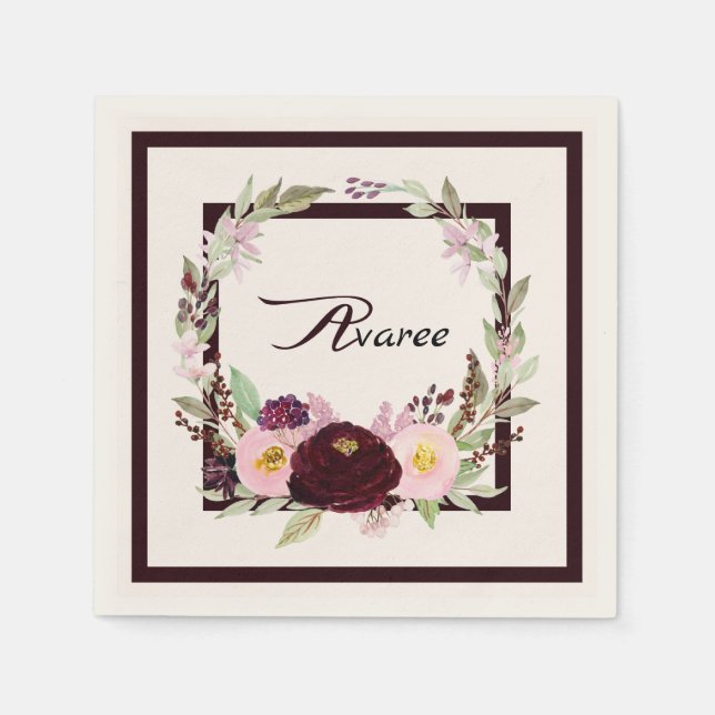 Guardanapo De Papel Flores de Borgonha e de Aquarela Rosa (Frente)