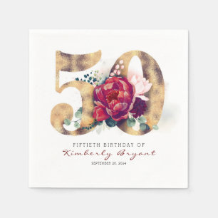 Guardanapo De Papel Flores de Borgonha e Tipografia Dourada 50º Anive