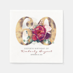 Guardanapo De Papel Flores de Borgonha e Tipografia Dourada 60º Aniver