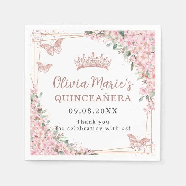 Guardanapo De Papel Flores de Cerejeira Borboletas Dourado Rosa Quinze (Frente)