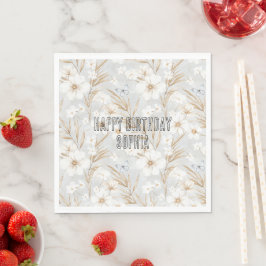 Guardanapo De Papel Flores de Creme Branco Borboletas Azuis Aniversári