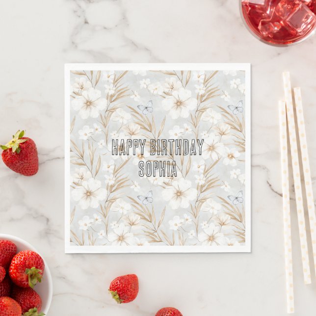 Guardanapo De Papel Flores de Creme Branco Borboletas Azuis Aniversári (Insitu)