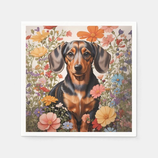 Guardanapo De Papel Flores De Dachshund Castanho E Cosmos (Frente)