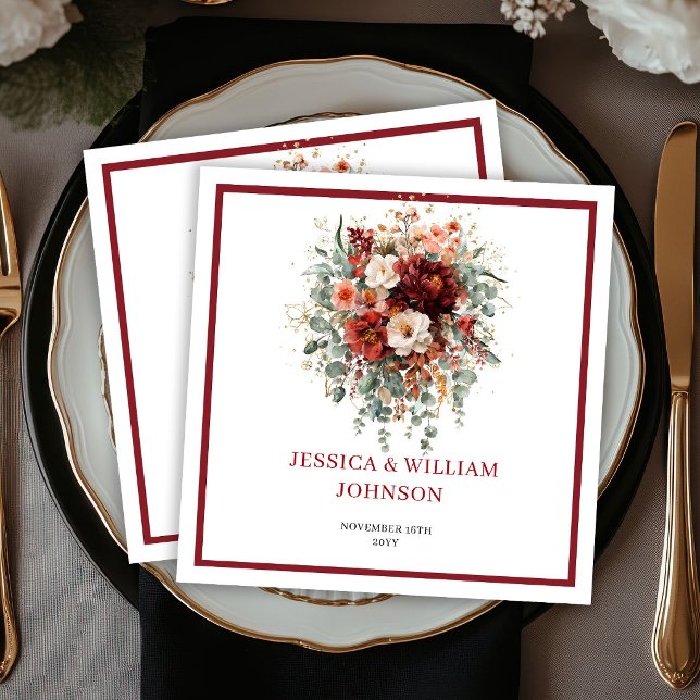 Guardanapo De Papel Flores de Outono Boho Eucalipto Casamento Marrom  (Maroon Autumn Flowers Boho Eucalyptus Wedding Napkins

)