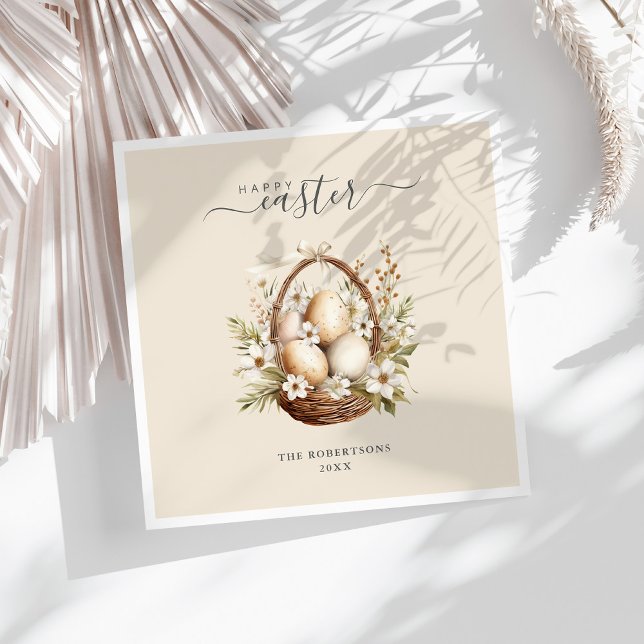 Guardanapo De Papel Flores de primavera Ovos Felz pascoa de Pastel (Spring Flowers Eggs Pastel Happy Easter Napkins on a sunny white table.)