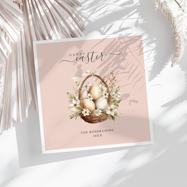 Guardanapo De Papel Flores de primavera Ovos Felz pascoa de Pastel (Spring Flowers Eggs Pastel Happy Easter Napkins on a sunny white table.)