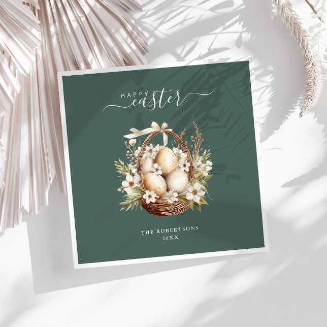 Guardanapo De Papel Flores de primavera Ovos Sage Felz pascoa Verde (Spring Flowers Eggs Sage Green Happy Easter Napkins on a sunny white table.)