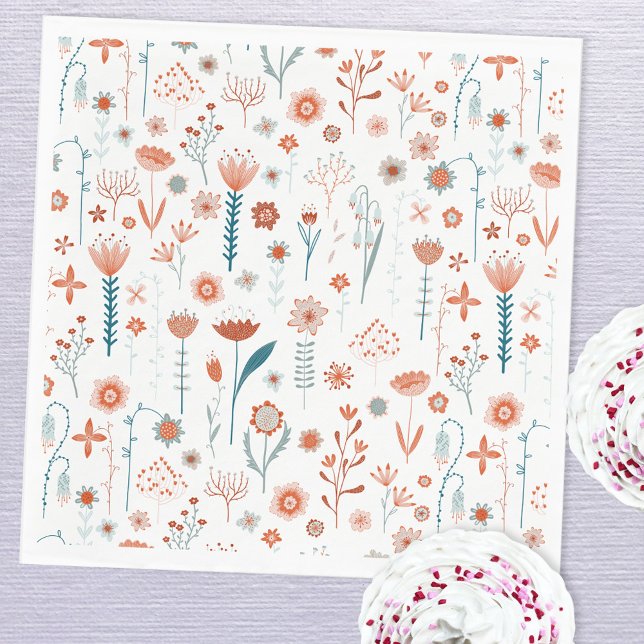Guardanapo De Papel Flores de Verão escandinavas (Scandinavian summer flowers peach teal and white paper party napkins)
