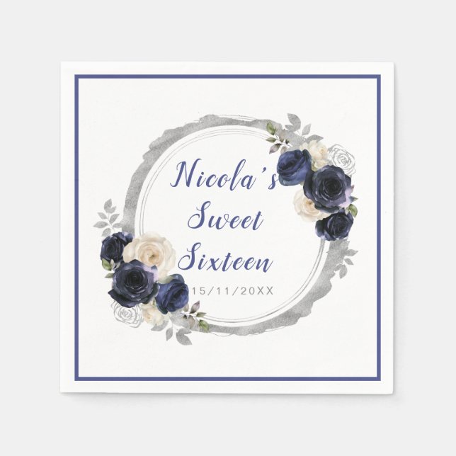 Guardanapo De Papel Flores Elegantes marinhos Azuis e Prateadas Doce D (Frente)