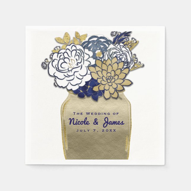 Guardanapo De Papel Flores em Pote de Mason Rustic Azul Dourado Floral (Frente)