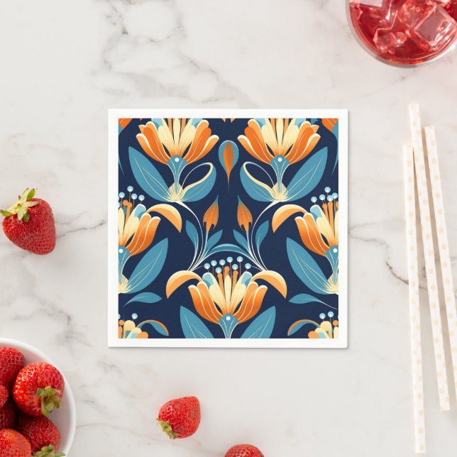 Guardanapo De Papel Flores laranja azul Art Deco (Insitu)