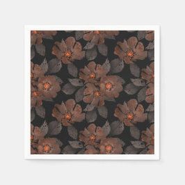Guardanapo De Papel Flores laranja e marrom em um fundo preto.