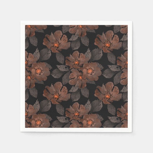 Guardanapo De Papel Flores laranja e marrom em um fundo preto. (Frente)