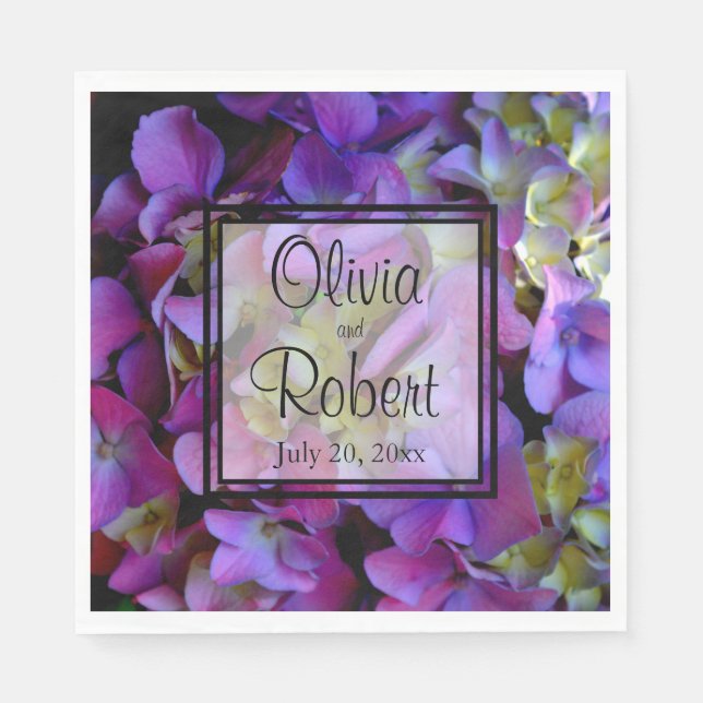 Guardanapo De Papel Flores magenta púrpura amarelas Hydrangas (Frente)