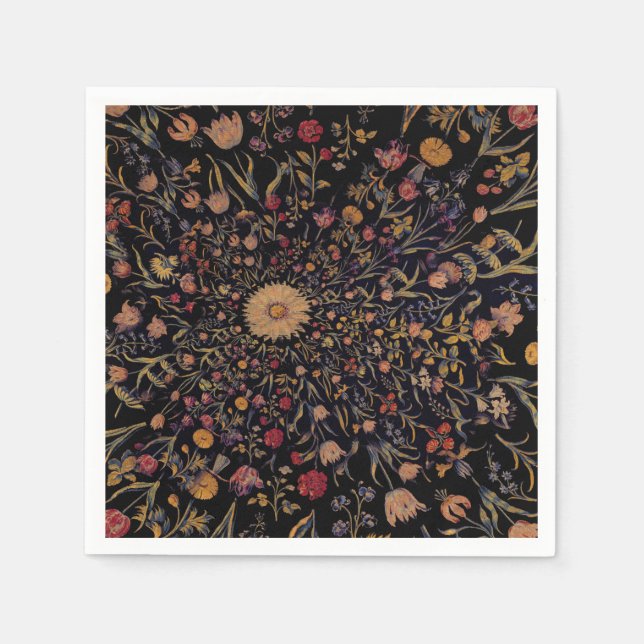 Guardanapo De Papel Flores Medievais em Preto (Frente)