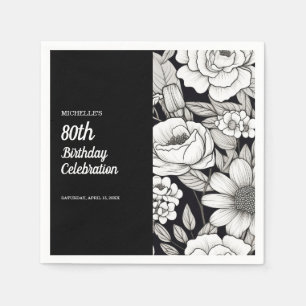 Guardanapo De Papel Flores Preto e Branco 80º Aniversário