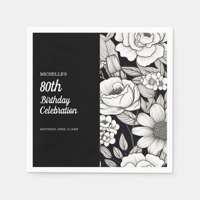 Guardanapo De Papel Flores Preto e Branco 80º Aniversário (Frente)