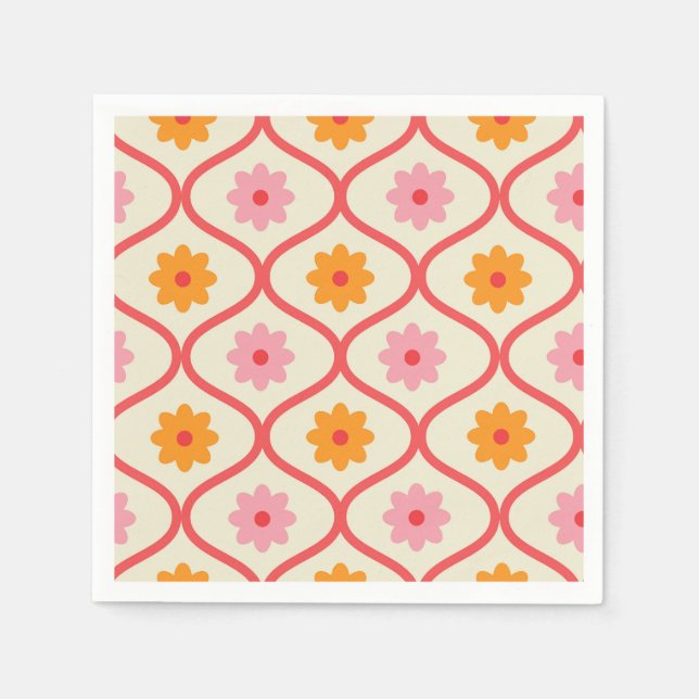 Guardanapo De Papel Flores retrô laranja e rosa no padrão Ogee (Frente)