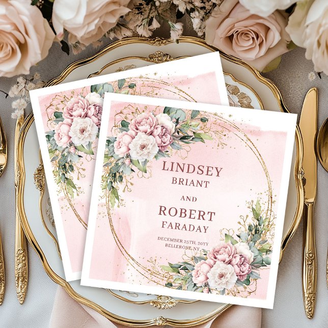 Guardanapo De Papel Flores Rosa Bege Elegantes com Brilho Dourado Casa (Elegant Blush Pink Flowers Gold Glitter Wedding Napkins)