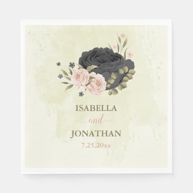 Guardanapo De Papel flores rosa com blush preto casamento (Frente)