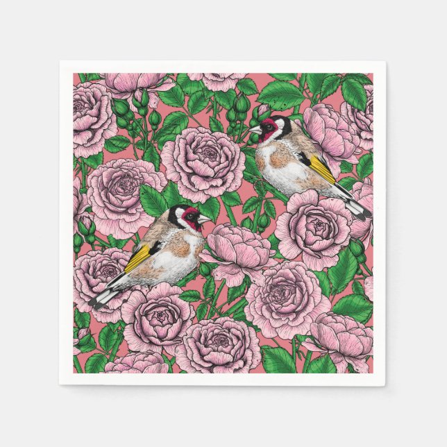 Guardanapo De Papel Flores rosas rosa rosa e aves-pintadas (Frente)