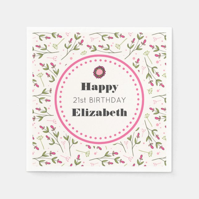 Guardanapo De Papel Flores Selvagens, Rosa e Verde, Aniversário (Frente)