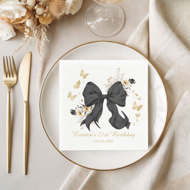 Guardanapo De Papel Flores Silvestres Coquette de Laço Preto Elegantes (Elegant Black Gold Coquette Bow Napkins)