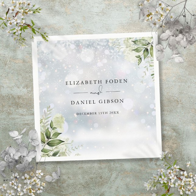Guardanapo De Papel Flores Verde Rústico Flocos de Neve de Inverno (Rustic Greenery Floral Winter Snowflakes Napkins)