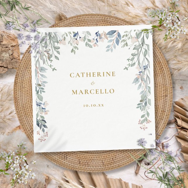 Guardanapo De Papel Flores Verdura Flores Silvestres Dourado Casamento (Greenery Floral Wildflowers Gold Wedding Napkins)
