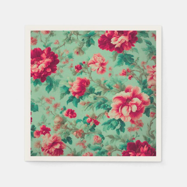 Guardanapo De Papel Flores Vermelhas e Folhas Verdes Extremas (Frente)