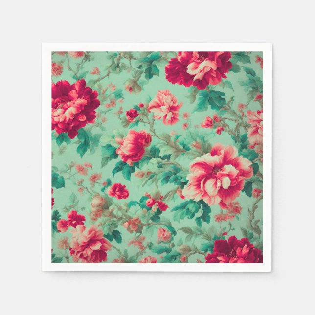 Guardanapo De Papel Flores Vermelhas e Folhas Verdes Extremas (Frente)