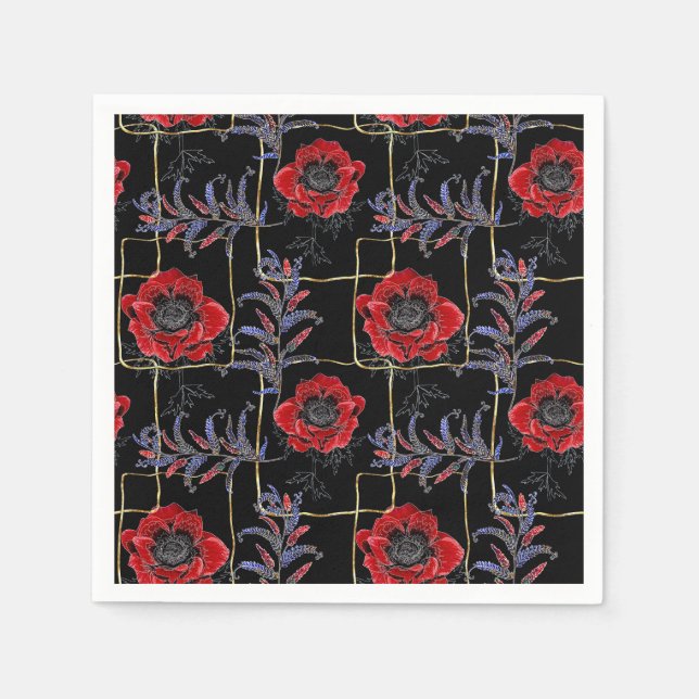 Guardanapo De Papel Flores vermelhas em preto. (Frente)