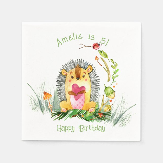 Guardanapo De Papel Floresta de Madeira Hedgehog Cute Aniversário (Frente)