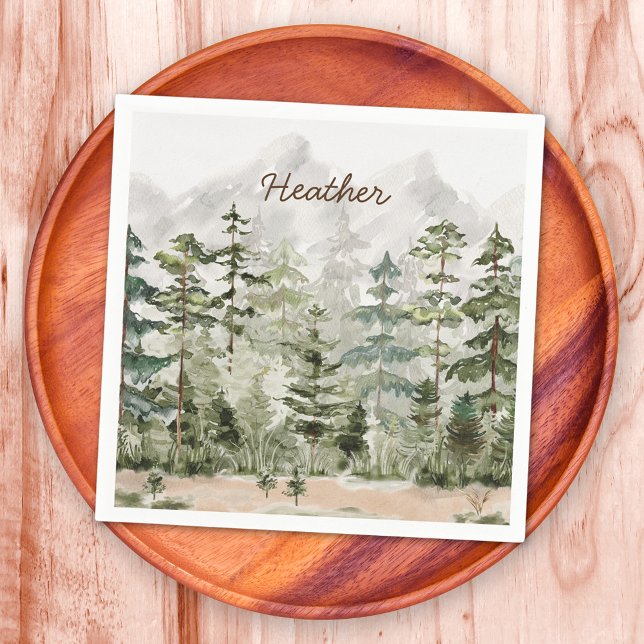 Guardanapo De Papel Floresta de Pinheiros Verdes com Aquarelas em Mont (In situ)