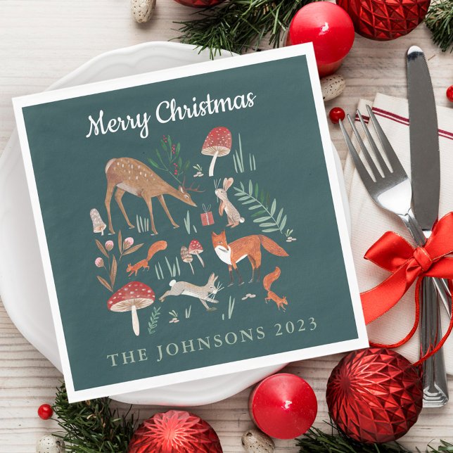 Guardanapo De Papel Florestas — Natal Verde (Cute Woodland Animals Green Christmas Napkins)