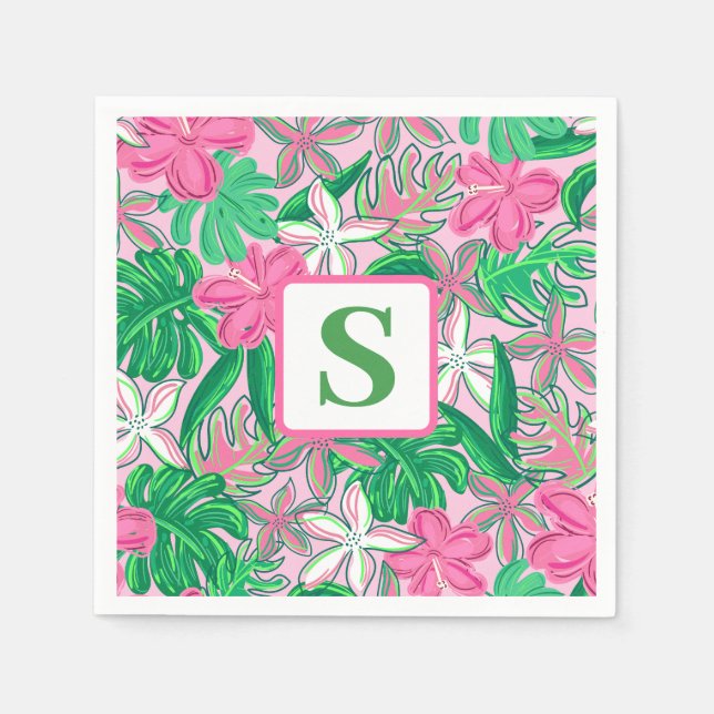 Guardanapo De Papel Flower Monogram Pink White Green Preppy (Frente)