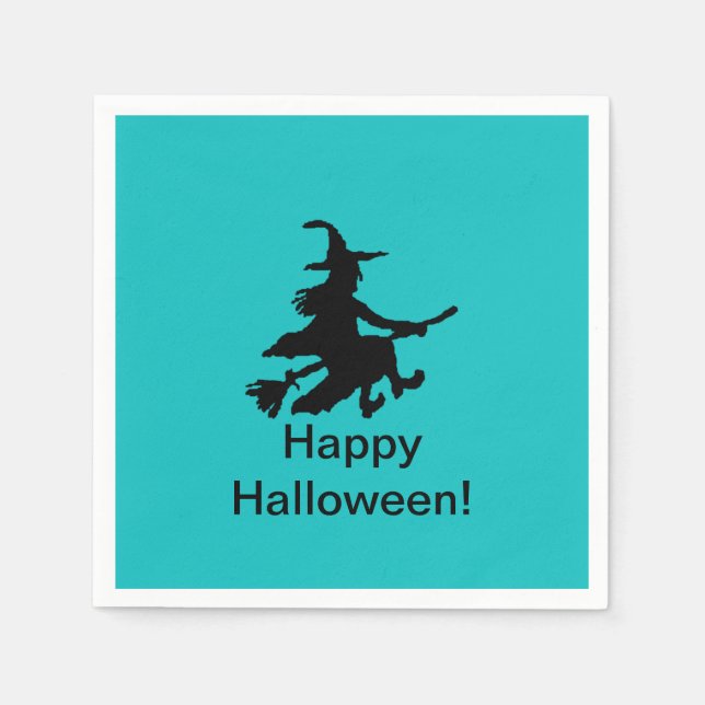 Guardanapo De Papel Flying Witch Teal - Happy Halloween Paper Napkin (Frente)