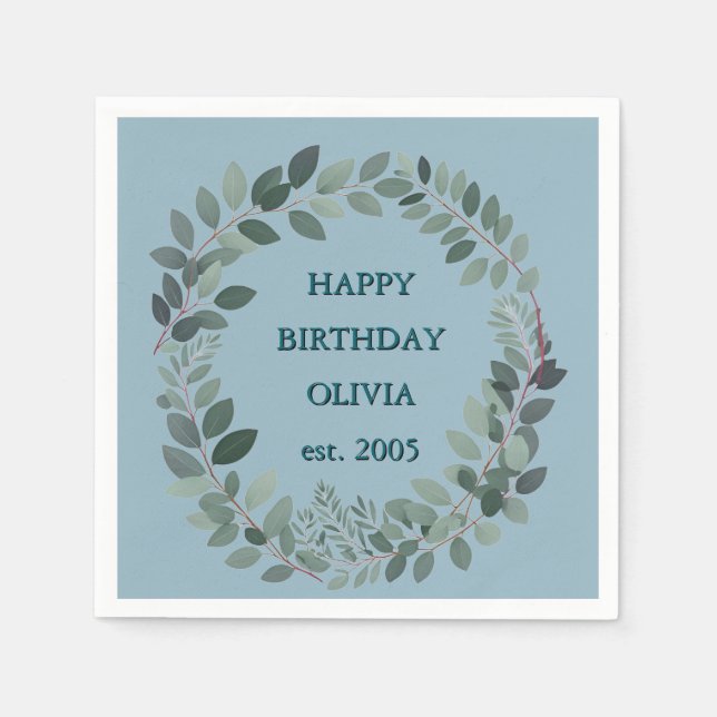 Guardanapo De Papel Folha de Eucalipto Aquarela Azul Claro Personaliza (Frente)