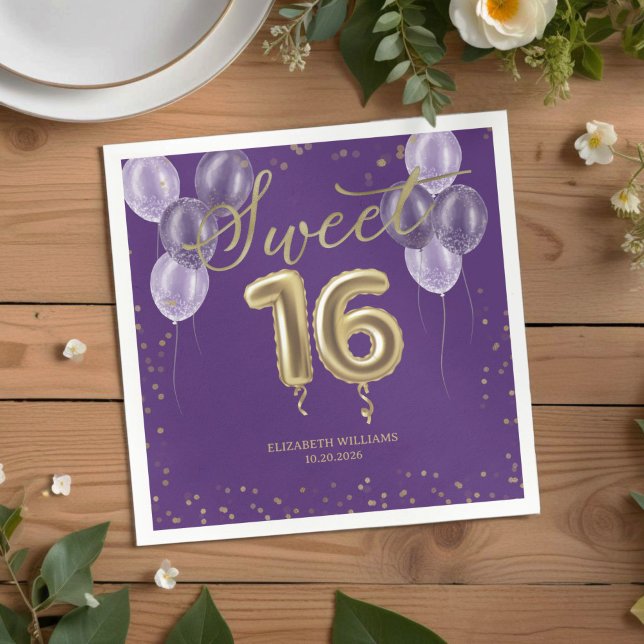 Guardanapo De Papel Folha de Ouro Doce 16 Balões de Aniversário Púrpur (Criador carregado)