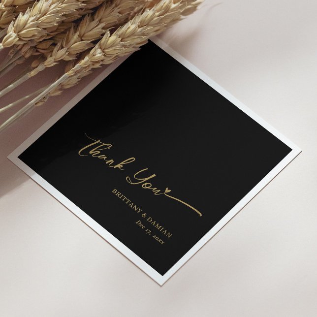 Guardanapo De Papel Folha de Ouro Obrigado - Casamento Negro Personali (Gold Foil Thank You - Personalized Black Wedding Napkins)