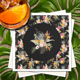 Guardanapo De Papel Folhagem de Hibisco de Abacaxi Tropical no Preto