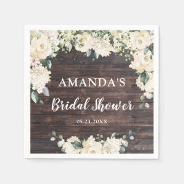 Guardanapo De Papel Folhagem verde madeira rústica boho rosas brancas