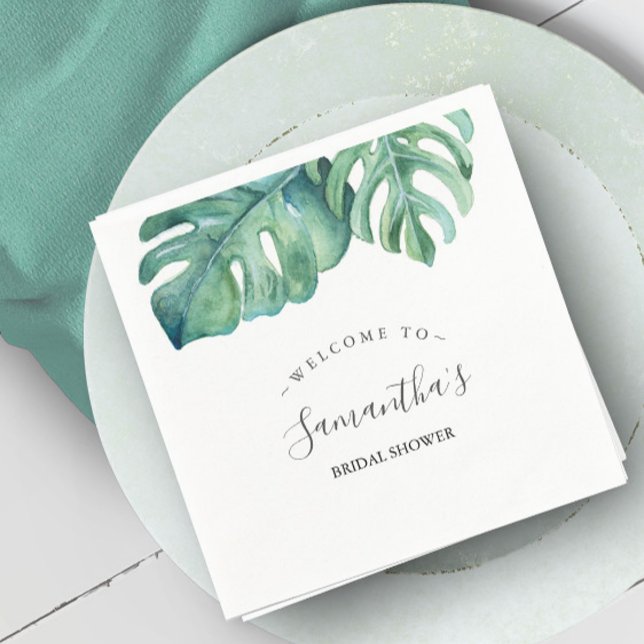 Guardanapo De Papel Folhas de Chá de panela de Tema Tropical (Personalized napkins tropical bridal shower watercolor monstera leaf by Victoria Grigaliunas)